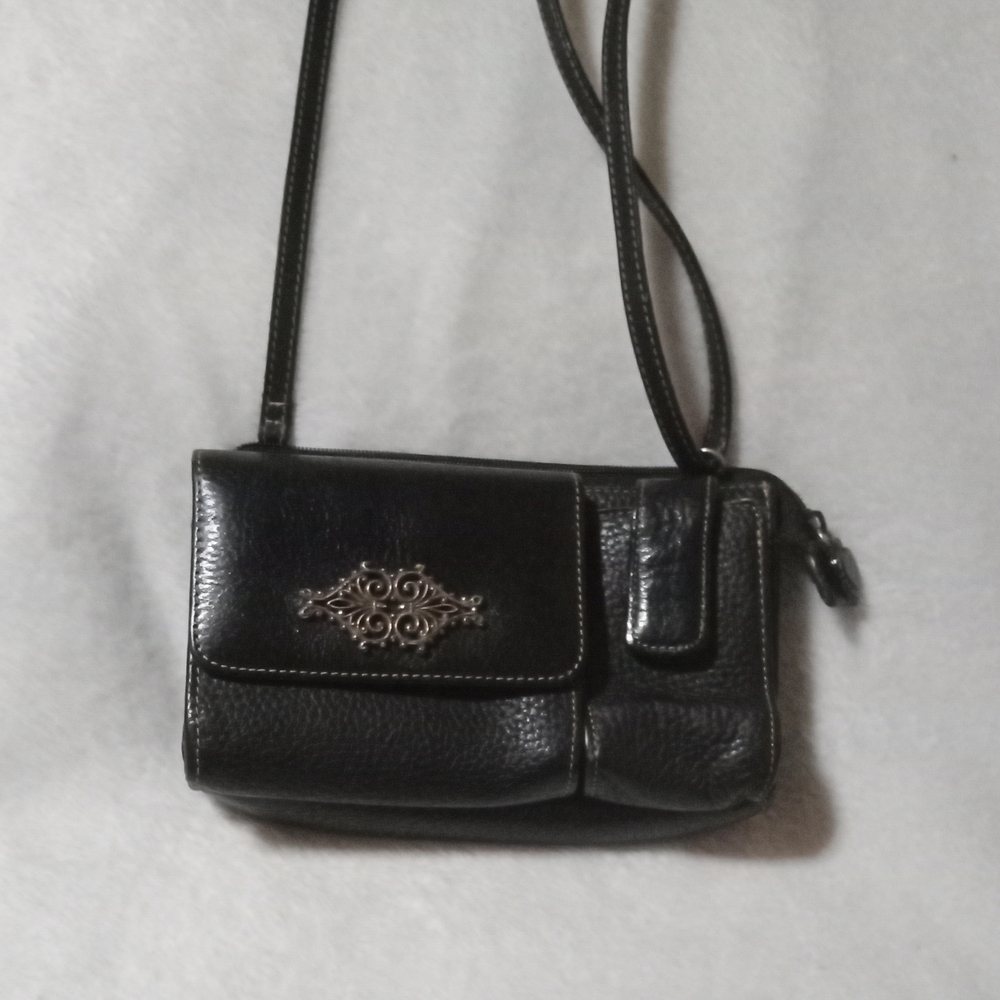 Brighton Black Leather Hipster Crossbody Wallet Bag Approx 8" X 6"